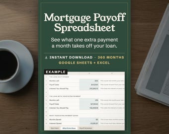 Kalkylblad för bolånebetalning, kalkylator för extra betalning, Google Sheets + Excel (digital nedladdning)