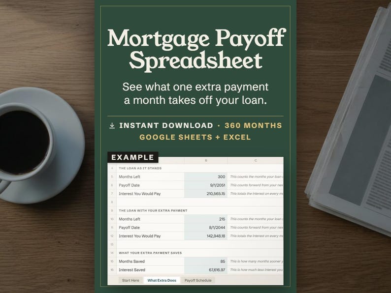 Mortgage Payoff Spreadsheet, see what one extra payment a month takes off your loan, Google Sheets and Excel instant download