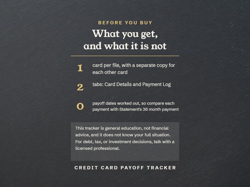Before you buy, one card per file, 2 tabs, and no payoff dates worked out, with the general education notice