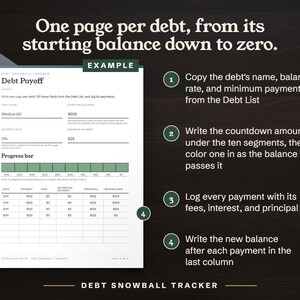One page per debt, from its starting balance down to zero.