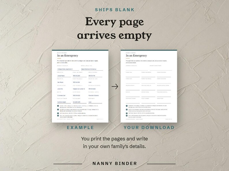 Ships blank, the filled example beside the empty In an Emergency page you download