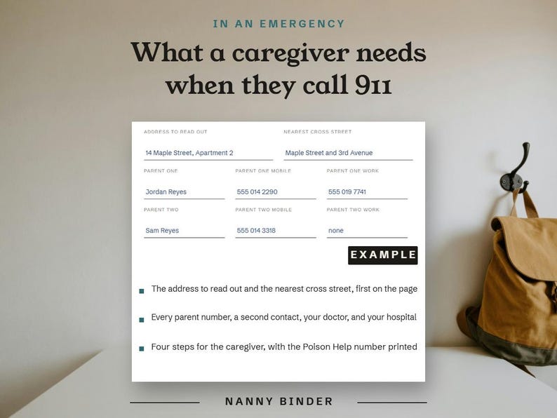 In an Emergency, the address, parent numbers, and second contact a caregiver needs when they call 911, shown as an example