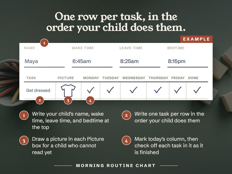 One row per task, in the order your child does them.