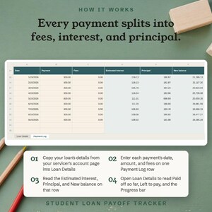 How it works, every payment splits into fees, interest, and principal on the Payment Log