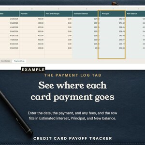 The Payment Log tab, showing where each card payment goes, shown as an example