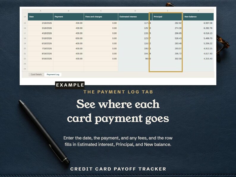 The Payment Log tab, showing where each card payment goes, shown as an example