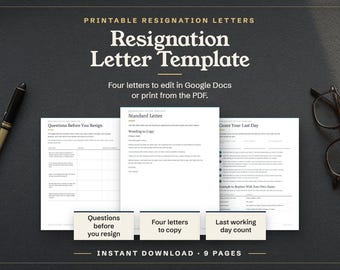 Resignation Letter Template, Editable Google Docs, Printable PDF (Digital Download)
