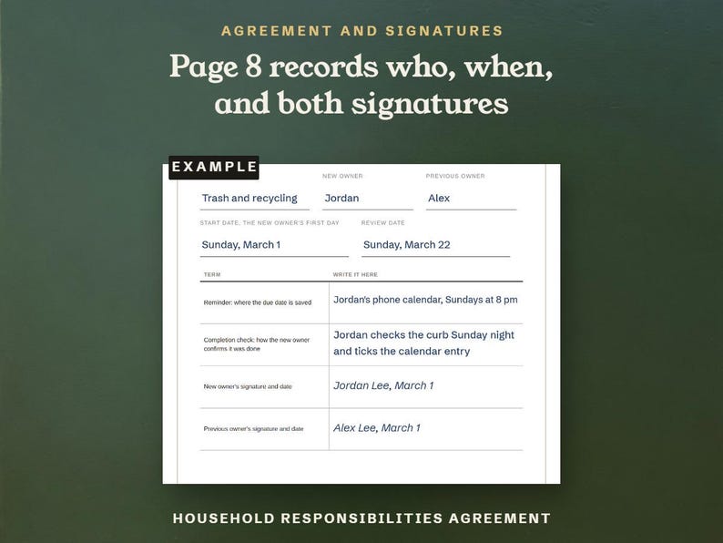 Page 8 records who, when, and both signatures