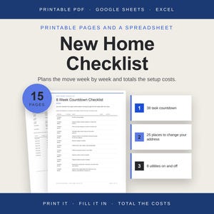 Może przedstawiać: Cyfrowy zestaw dokumentów New Home Checklist zawierający 15 stron, w tym 8-tygodniowe odliczanie, listę 38 zadań, przewodnik zmiany adresu dla 25 miejsc oraz tracker dla 8 mediów. Dostępne w formacie PDF, Google Sheets i pliku Excel.