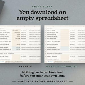 Ships blank, the filled example beside the empty Start Here tab you download