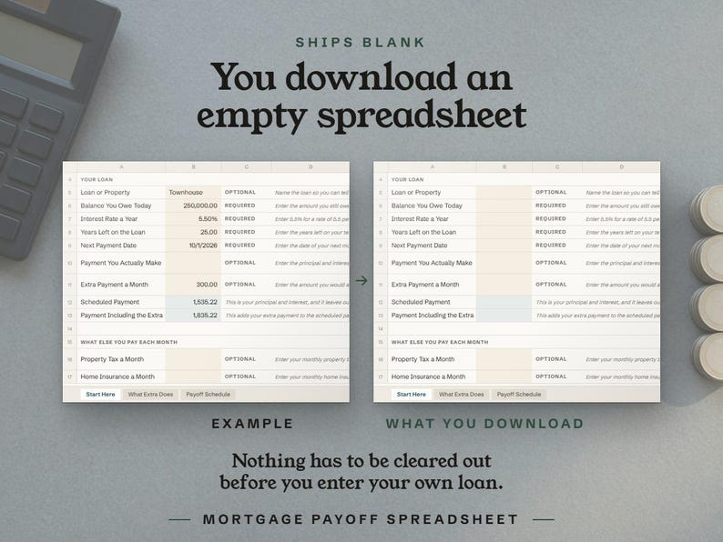 Ships blank, the filled example beside the empty Start Here tab you download