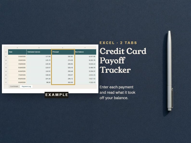 Credit Card Payoff Tracker, an Excel spreadsheet that works out the interest and principal of each card payment, with an example Payment Log