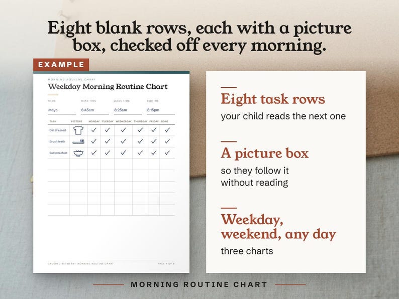 Eight blank rows, each with a picture box, checked off every morning.