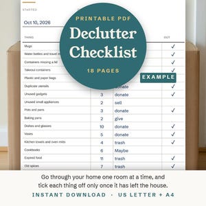 Declutter Checklist Printable, Clear Out Checklist With 10 Room Pages, Maybe Box, Sell List, Drop Offs and Donation Runs, US Letter A4 PDF