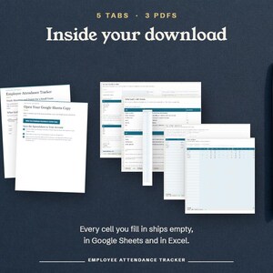 Inside your download, the Start Here, Codes, Attendance Log, Employees and Year Grid tabs with the quick start and Google Sheets access PDFs