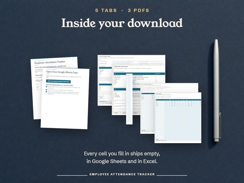Inside your download, the Start Here, Codes, Attendance Log, Employees and Year Grid tabs with the quick start and Google Sheets access PDFs