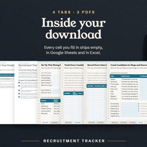Inside your download, the Start Here, Candidates, Scorecard and Pipeline tabs with the quick start and Google Sheets access PDFs