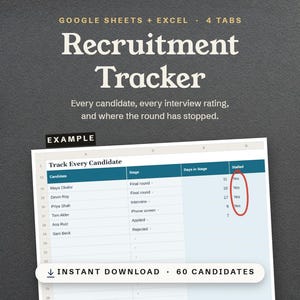 Recruitment Tracker, every candidate, every interview rating, and where the round has stopped, in Google Sheets and Excel as an instant download