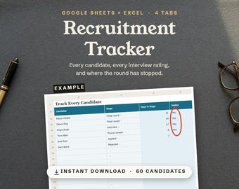 Feuille de calcul de suivi du recrutement, tableau de bord du pipeline de recrutement, fiche d'évaluation des candidats (téléchargement numérique)