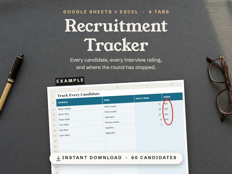 Recruitment Tracker, every candidate, every interview rating, and where the round has stopped, in Google Sheets and Excel as an instant download