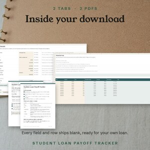 Inside your download, the Loan Details and Payment Log tabs with the quick start PDF
