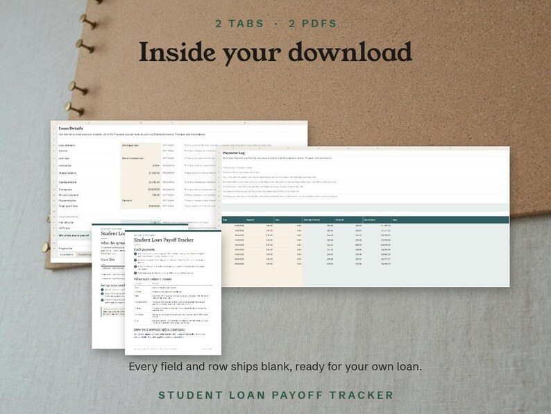 Inside your download, the Loan Details and Payment Log tabs with the quick start PDF