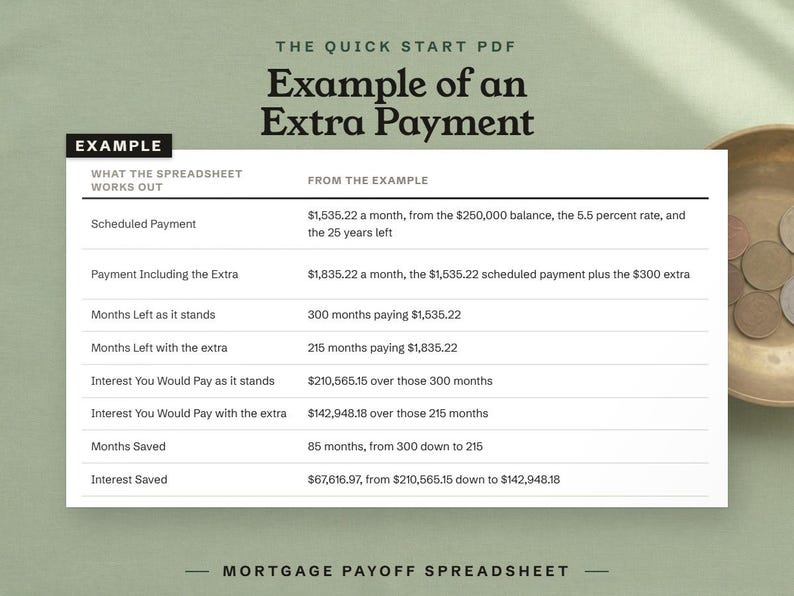 The quick start PDF worked example, a ,000 balance at 5.5 percent over 25 years with a  extra payment