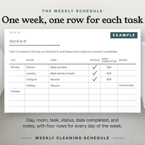 One week, one row for each task