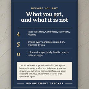 Before you buy, 4 tabs, 5 criteria weighted by you and no columns for age, family, health, race, or national origin, with the general education notice