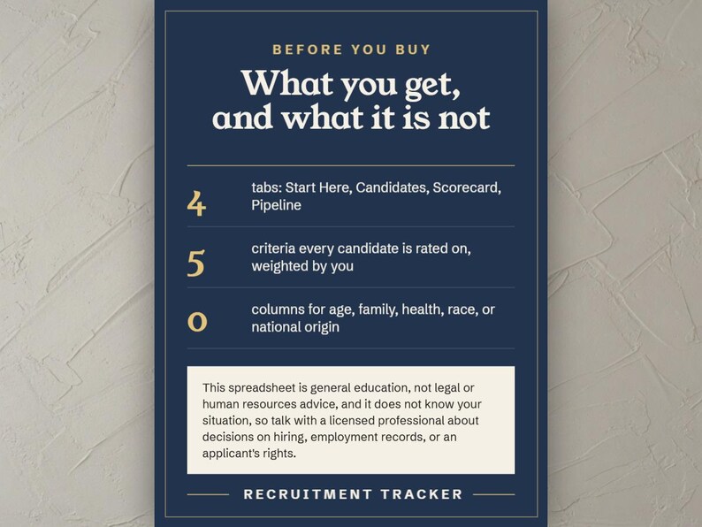 Before you buy, 4 tabs, 5 criteria weighted by you and no columns for age, family, health, race, or national origin, with the general education notice