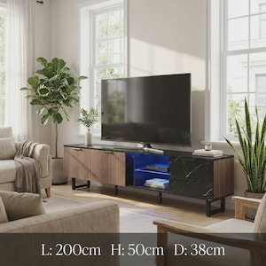 May include: A black and wood media console with a marble-patterned top, slatted cabinet doors, and an open center shelf with blue LED lighting. The unit measures 200cm in length, 50cm in height, and 38cm in depth, supported by black metal legs.