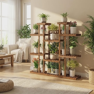 May include: A multi-tiered wooden plant stand featuring a grid-like structure with numerous shelves at varying heights. The stand holds a collection of potted plants in diverse containers, including white, grey, and patterned ceramic pots.