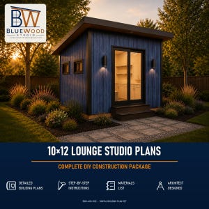 May include: A 10x12 lounge studio building plan set featuring a blue wooden structure with a flat roof, sliding glass doors, and exterior wall lights. The digital construction package includes detailed building plans, step-by-step instructions, a materials list, and architect-designed blueprints for a backyard studio.