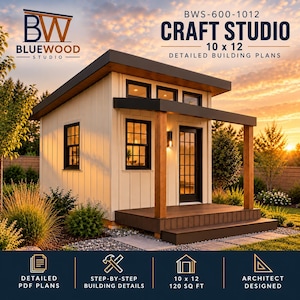 May include: BlueWood Studio BWS-600-1012 Craft Studio 10 x 12 detailed building plans. A small, off-white shed with a dark roof, black-framed windows, a glass-paneled door, and a wooden front porch. Includes step-by-step details and 120 sq ft design.