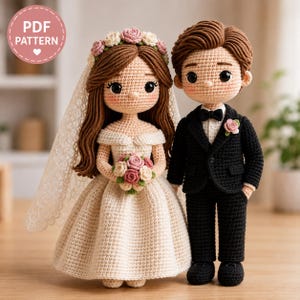 Virkmönster för brud och brudgum i PDF-format | Amigurumi-mönster för bröllopspar | Handledning för virkad docka | Direkt nedladdning | Gör-det-själv-bröllopspresent
