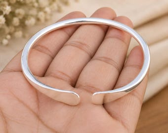 925 Sterling Silver Minimalist Open Cuff Bracelet, Adjustable Bangle, Everyday Wear
