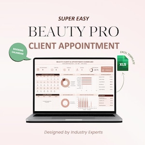 May include: A laptop displaying a Beauty Pro Client Appointment dashboard with charts, a calendar, and data tables. Text reads: SUPER EASY BEAUTY PRO CLIENT APPOINTMENT, BOOKING CALENDAR, EXCEL TEMPLATE XLS, and Designed by Industry Experts.