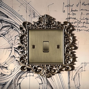 May include: A square light switch with a brushed brass finish, featuring a central toggle and two side screws. The switch is encased in an ornate, decorative metal frame with intricate scrollwork and leaf-like patterns in a dark metallic tone.