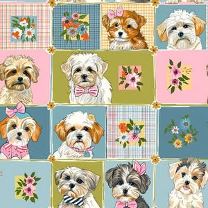 Puede incluir: Un patrón de tela que presenta una cuadrícula de ilustraciones de perros pequeños con varios colores de pelaje, incluidos blanco, marrón y gris. Algunos perros llevan lazos o collares rosas. El diseño incluye cuadrados florales y fondos a cuadros.