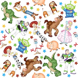 May include: A repeating pattern featuring various cartoon characters including a green dinosaur, a cowboy, a space ranger, a cowgirl, a brown horse, a pink pig, a three-eyed alien, a spring dog, and a white plastic fork character with red stars.