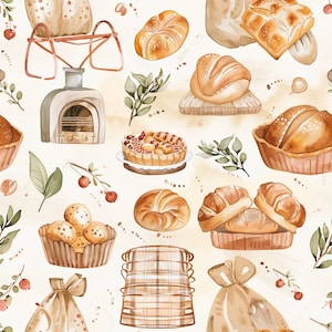 May include: A seamless pattern featuring watercolour illustrations of various baked goods including loaves of bread, rolls, a fruit tart, and muffins, interspersed with sprigs of green leaves, red berries, a vintage oven, and plaid fabric.
