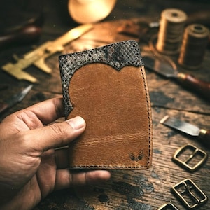 Hand-Stitched Crazy Horse & Python Leather Bifold Wallet, Unisex Snap Closure