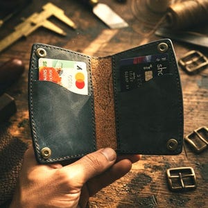 May include: A dark blue leather bifold wallet featuring visible stitching, four brass-colored metal snap buttons at the corners, and two interior card slots containing multiple credit cards with visible text and logos.