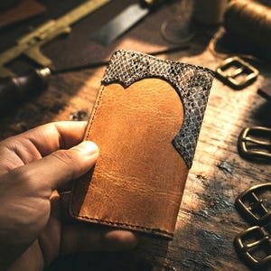 Hand-Stitched Crazy Horse & Python Leather Bifold Wallet, Unisex Snap Closure