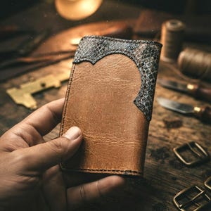 Könnte beinhalten: Eine rechteckige Geldbörse aus Leder mit einem glatten, hellbraunen Lederkörper und einem strukturierten, dunkelgrauen Overlay mit Schlangenledermuster am oberen Rand. Die Geldbörse hat sichtbare Nähte und ein geschwungenes Design.