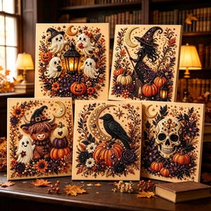 Peut inclure: Cinq panneaux muraux carrés sur le thème d'Halloween, représentant des fantômes avec une lanterne, une sorcière avec un balai, une vache highland avec un fantôme, un corbeau sur une citrouille et un crâne, ornés de croissants de lune et fleurs.