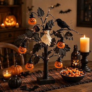 May include: A black decorative tree featuring dark leaves, small glowing lights, and hanging orange jack-o'-lantern ornaments. A small white ghost figure wearing a black witch hat hangs in the centre, and a black crow sits on a branch.
