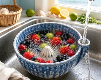HandmadeCeramic Vortex Berry Rinsing Bowl,Strawberry Blueberry Rinser , Multi-purpose Fruit Colander with Spout, Cottagecore  Kitchen Gift