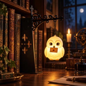 May include: A glowing white owl-shaped lamp holding a small envelope in its beak, suspended by a black metal chain from a decorative black iron wall bracket featuring a fleur-de-lis design, positioned next to a row of antique leather-bound books.