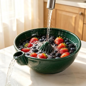 Handmade Ceramic  Berry Washing Bowl With Drain Spout, Vortex Design Berry Rinsing Colander, Practical Housewarming Gift